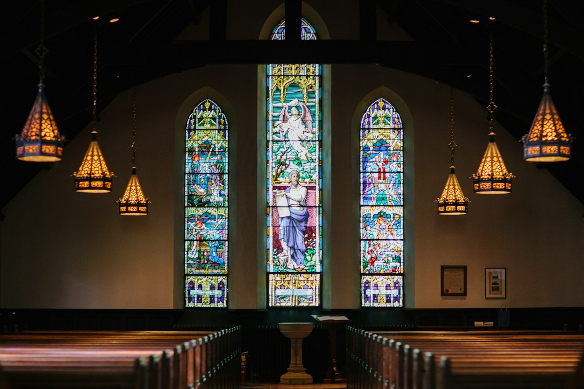 Sanctuary of Falls OPC church with wooden pews